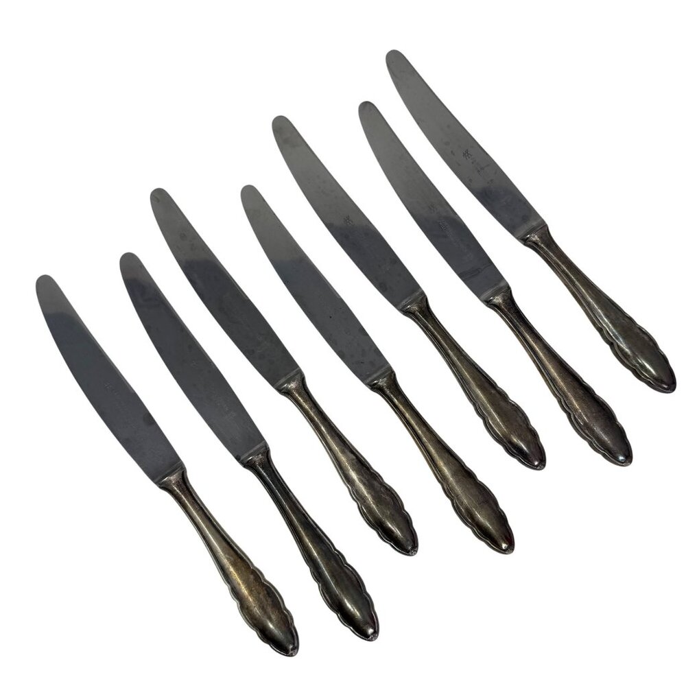 7 Vintage Dinner‎ Knives Henckles Solingen Zwillingswerk Silverplate Flatware